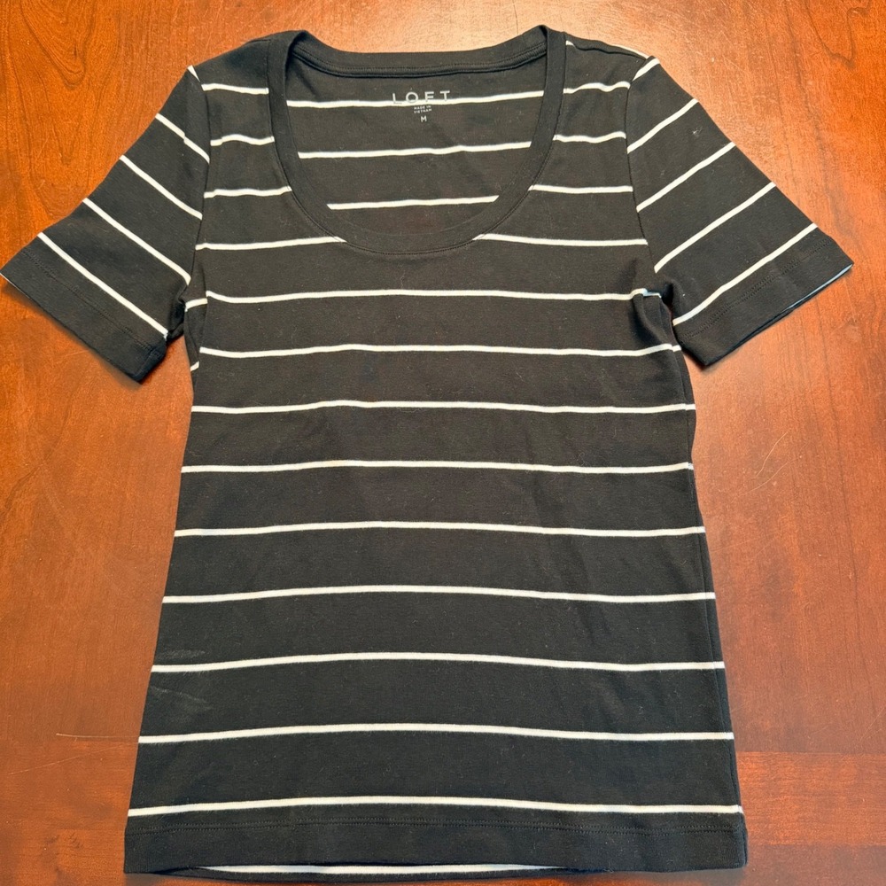 LOFT Womens M Black White Striped 100% Cotton T-Shirt Capsule French Girl